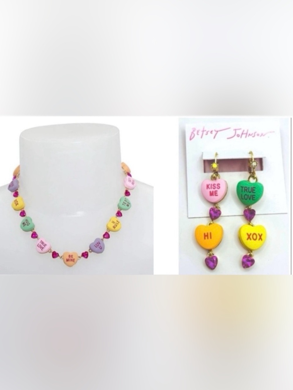 BETSEY JOHNSON SET Valentine Conversation Candy Heart Necklace & Earrings NWT